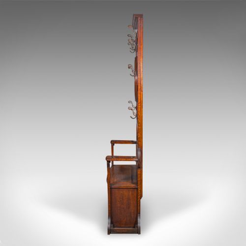 fig 5. Tall Antique Seated Coat Stand, English Oak, Hall Rack, Velvet Mirror, Edwardian