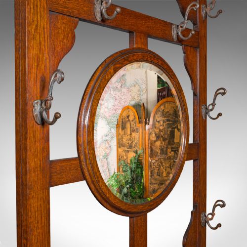 fig 6. Tall Antique Seated Coat Stand, English Oak, Hall Rack, Velvet Mirror, Edwardian