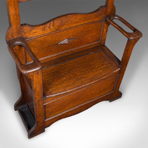 fig 7. Tall Antique Seated Coat Stand, English Oak, Hall Rack, Velvet Mirror, Edwardian