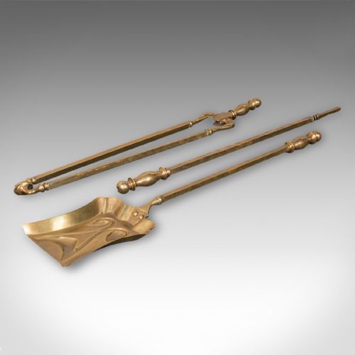 SET OF 3 ANTIQUE FIRESIDE TOOLS ENGLISH BRASS COAL SHOVEL POKER VICTORIAN - ADDITIONAL PHOTO 1