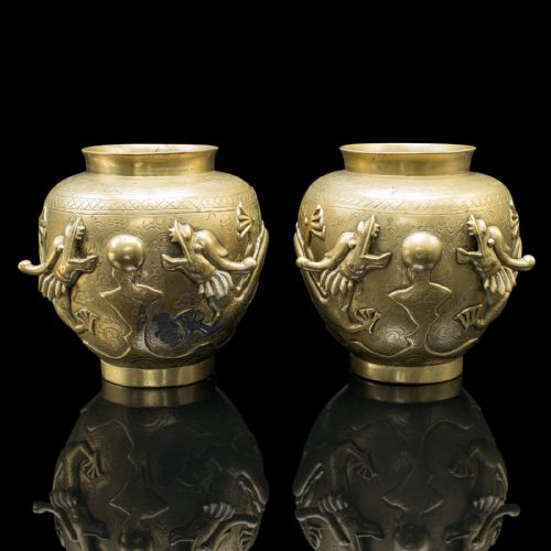 PAIR OF ANTIQUE FLOWER URNS CHINESE BRONZE DECORATIVE POSY VASE VICTORIAN - ADDITIONAL PHOTO 1