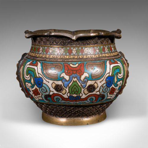ANTIQUE SIAMESE PLANTER BOWL THAI BRONZE CLOISONNE JARDINIERE POT VICTORIAN - ADDITIONAL PHOTO 3