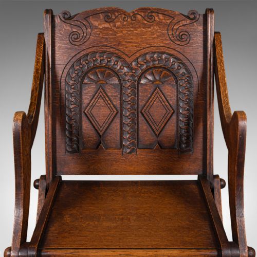 ANTIQUE GLASTONBURY CHAIR WELSH OAK GOTHIC REVIVAL ELBOW SEAT VICTORIAN 1880 - ADDITIONAL PHOTO 8