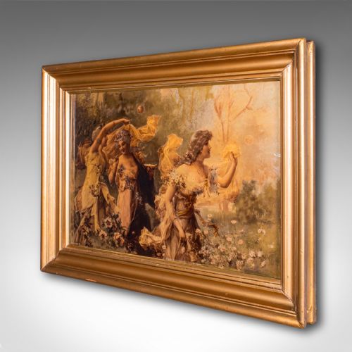fig 1. An antique Victorian crystoleum picture featuring three figures in classical attire outdoors, housed within a moulded gilded frame.