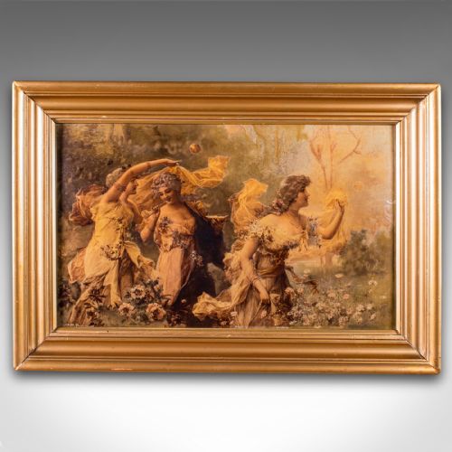 fig 2. An antique Victorian crystoleum picture featuring three figures in classical attire outdoors, housed within a moulded gilded frame.
