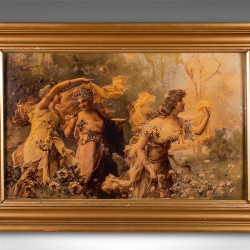 fig 3. An antique Victorian crystoleum picture featuring three figures in classical attire outdoors, housed within a moulded gilded frame.