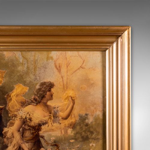 fig 4. An antique Victorian crystoleum picture featuring three figures in classical attire outdoors, housed within a moulded gilded frame.