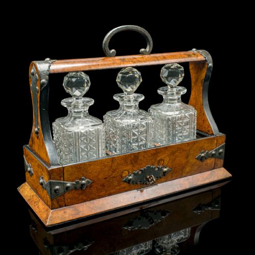 fig 1. Small Antique Tantalus, English, Walnut, 3 Decanters, Gothic Revival, Victorian