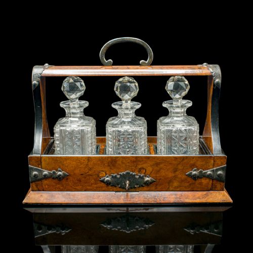 fig 2. Small Antique Tantalus, English, Walnut, 3 Decanters, Gothic Revival, Victorian