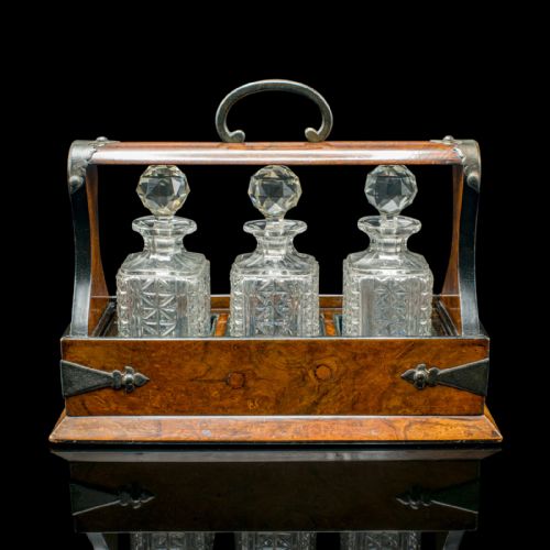 fig 5. Small Antique Tantalus, English, Walnut, 3 Decanters, Gothic Revival, Victorian