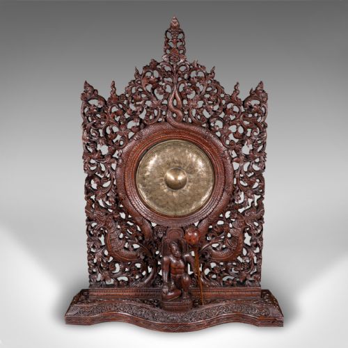 fig 1. Ornate Antique Temple Gong, Burmese, Carved, Mounted Chime, Victorian, C.1900