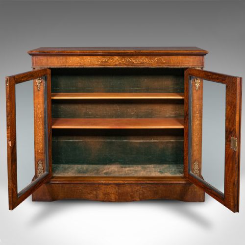 fig 1. Antique Twin Pier Cabinet, English, Walnut, Boxwood, Glazed Bookcase, Regency