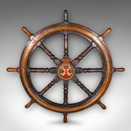 fig 1. 4' Large Antique Ship's Wheel, English, Oak, Decorative Maritime Helm, Victorian
