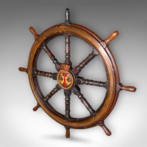 fig 2. 4' Large Antique Ship's Wheel, English, Oak, Decorative Maritime Helm, Victorian