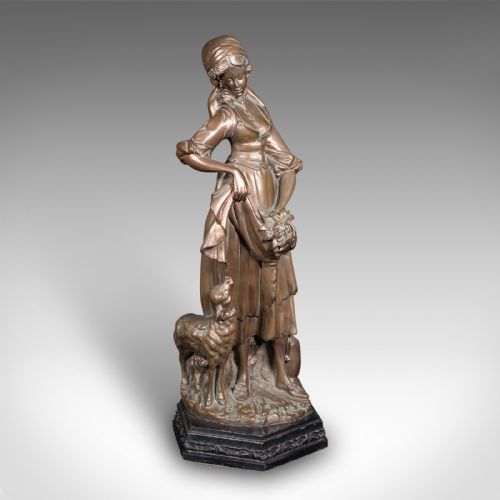 fig 1. An antique bronzed plaster statue depicting a standing woman in rustic attire holding a basket alongside a small dog on a dark octagonal plinth.