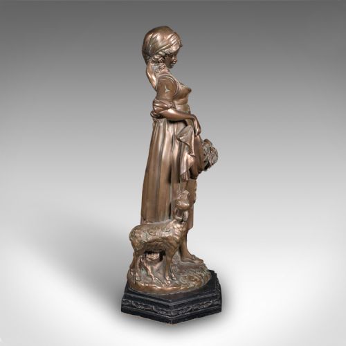 fig 2. An antique bronzed plaster statue depicting a standing woman in rustic attire holding a basket alongside a small dog on a dark octagonal plinth.