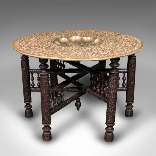 fig 1. Large Antique Berber Tea Table, Middle East, Brass, Teak, Campaign, Circa 1920