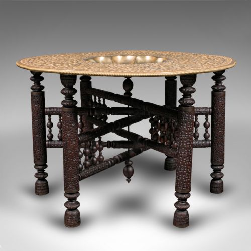 fig 2. Large Antique Berber Tea Table, Middle East, Brass, Teak, Campaign, Circa 1920