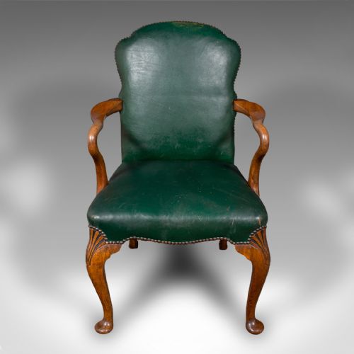 fig 1. Antique Clerk's Desk Chair, English, Beech, Leather, Elbow Seat, Home, Office