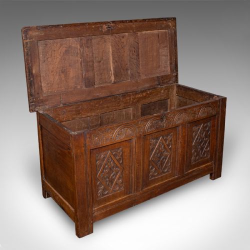 fig 1. Large Antique Coffer, English, Oak Storage Trunk, Linen Chest, William III, 1700