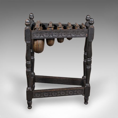 fig 1. Antique Marimbaphone, English Brass, Oak, Musical Instrument, Glockenspiel, 1920
