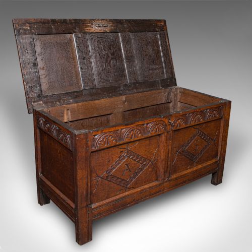 ANTIQUE CARVED COFFER ENGLISH OAK LINEN CHEST WINDOW SEAT WILLIAM III 1700 - ADDITIONAL PHOTO 1