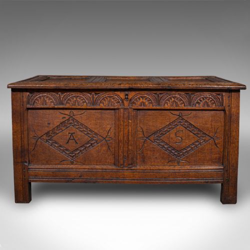 ANTIQUE CARVED COFFER ENGLISH OAK LINEN CHEST WINDOW SEAT WILLIAM III 1700 - ADDITIONAL PHOTO 2