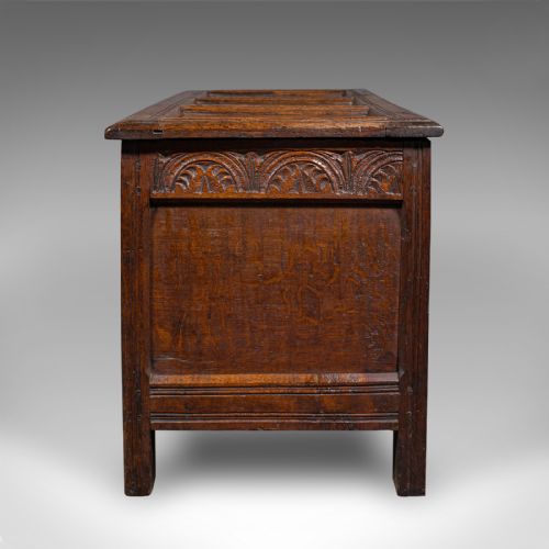 ANTIQUE CARVED COFFER ENGLISH OAK LINEN CHEST WINDOW SEAT WILLIAM III 1700 - ADDITIONAL PHOTO 5