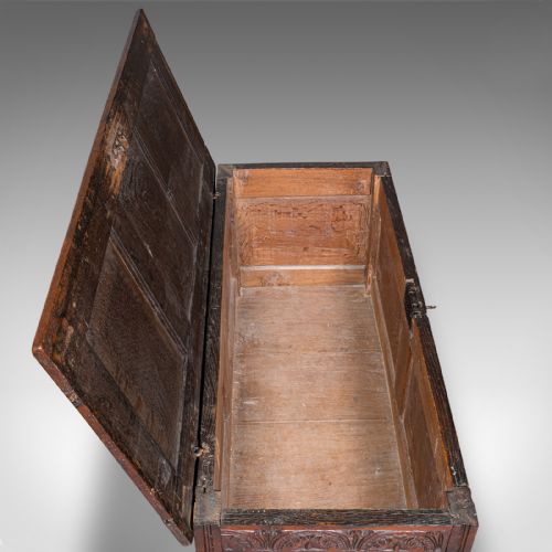 ANTIQUE CARVED COFFER ENGLISH OAK LINEN CHEST WINDOW SEAT WILLIAM III 1700 - ADDITIONAL PHOTO 7