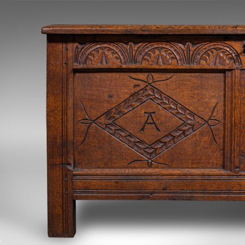 ANTIQUE CARVED COFFER ENGLISH OAK LINEN CHEST WINDOW SEAT WILLIAM III 1700 - ADDITIONAL PHOTO 9