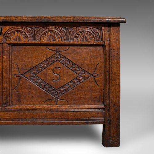ANTIQUE CARVED COFFER ENGLISH OAK LINEN CHEST WINDOW SEAT WILLIAM III 1700 - ADDITIONAL PHOTO 10