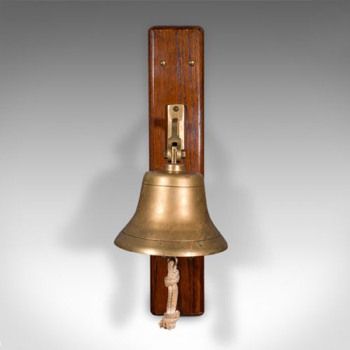 fig 1. Antique School Bell, English, Oak, Brass, Wall Mounted, Dinner Chime, Edwardian