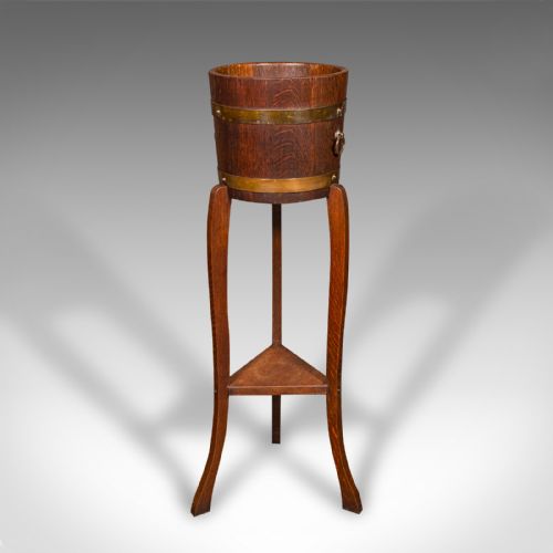 ANTIQUE DECORATIVE JARDINIERE STAND ENGLISH COOPERED OAK PLANTER CIRCA 1920 - ADDITIONAL PHOTO 1