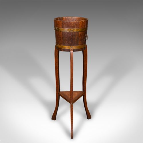 ANTIQUE DECORATIVE JARDINIERE STAND ENGLISH COOPERED OAK PLANTER CIRCA 1920 - ADDITIONAL PHOTO 2