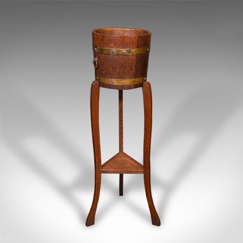 ANTIQUE DECORATIVE JARDINIERE STAND ENGLISH COOPERED OAK PLANTER CIRCA 1920 - ADDITIONAL PHOTO 3