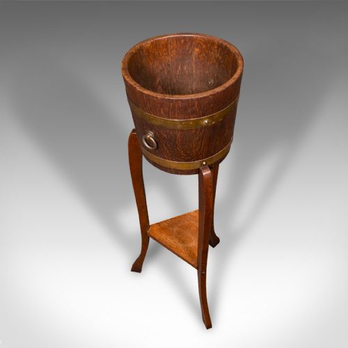ANTIQUE DECORATIVE JARDINIERE STAND ENGLISH COOPERED OAK PLANTER CIRCA 1920 - ADDITIONAL PHOTO 4