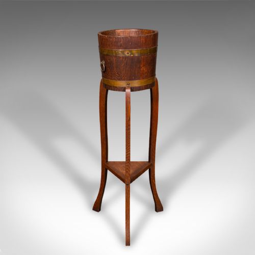 ANTIQUE DECORATIVE JARDINIERE STAND ENGLISH COOPERED OAK PLANTER CIRCA 1920 - ADDITIONAL PHOTO 5