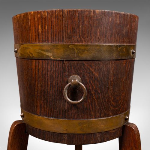 ANTIQUE DECORATIVE JARDINIERE STAND ENGLISH COOPERED OAK PLANTER CIRCA 1920 - ADDITIONAL PHOTO 6