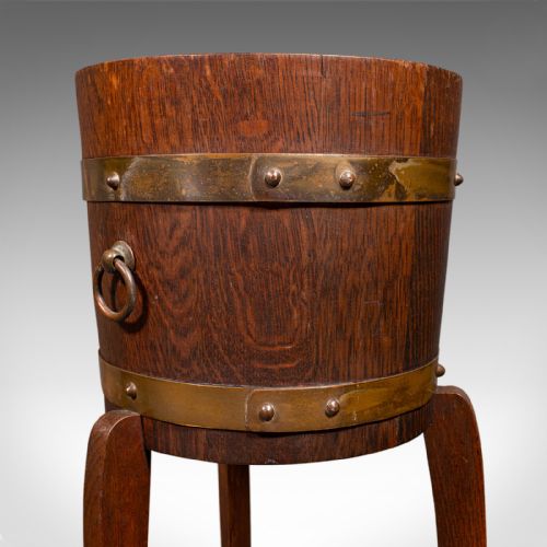 ANTIQUE DECORATIVE JARDINIERE STAND ENGLISH COOPERED OAK PLANTER CIRCA 1920 - ADDITIONAL PHOTO 7