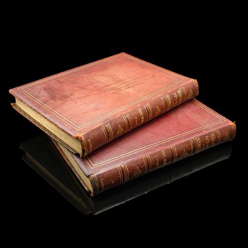fig 1. A two-volume set of antique red leather-bound books titled British Sports and Sportsmen with gilt lettering and raised spine bands.