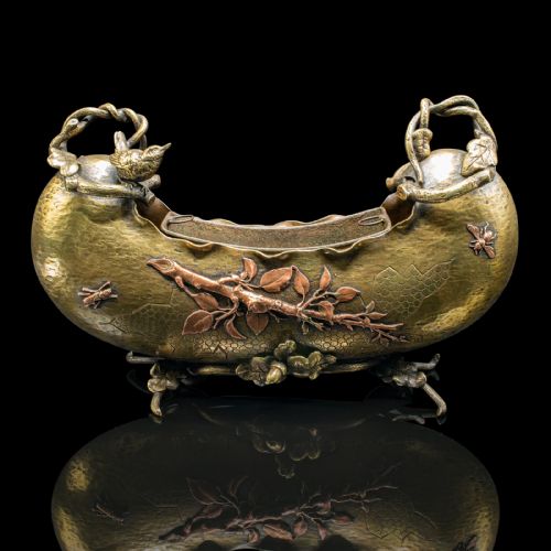 fig 1. Antique Decorative Planter Dish, Japanese, Brass, Copper, Jardiniere, Victorian