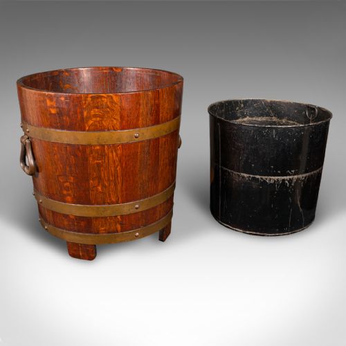 ANTIQUE FIRESIDE STORE ENGLISH OAK COOPERED FIRE BUCKET COAL BIN CIRCA 1920 - ADDITIONAL PHOTO 1