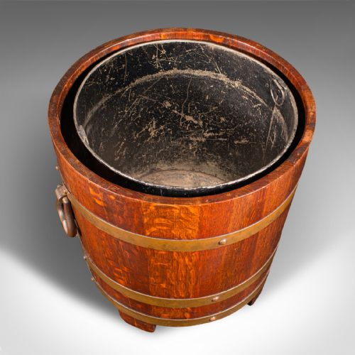 ANTIQUE FIRESIDE STORE ENGLISH OAK COOPERED FIRE BUCKET COAL BIN CIRCA 1920 - ADDITIONAL PHOTO 6