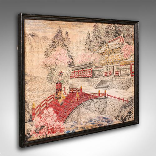 Antique Embroidered Landscape Scene, Japanese Needlepoint Panel, Victorian Art