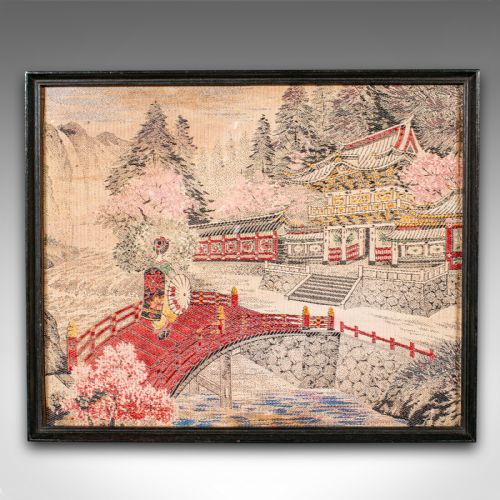 fig 1. Antique Embroidered Landscape Scene, Japanese Needlepoint Panel, Victorian Art