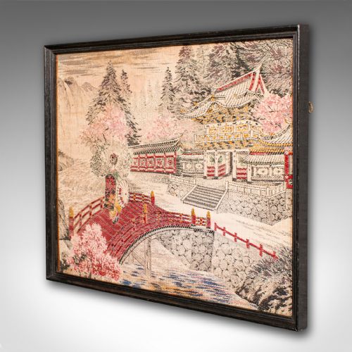 fig 2. Antique Embroidered Landscape Scene, Japanese Needlepoint Panel, Victorian Art