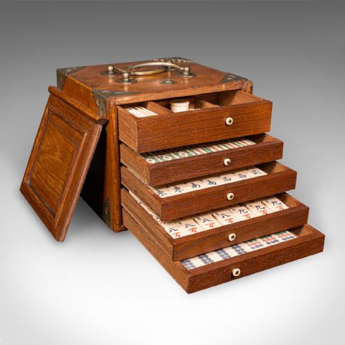 fig 1. Antique Mahjong Case, Oriental, Teak Gaming Tile Box, Late Victorian, Circa 1900