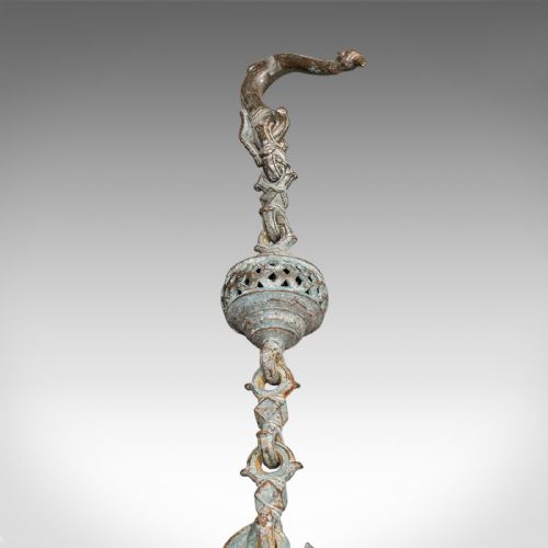 fig 1. A vertical Indian bronze hanging incense burner featuring figurative link sections, rounded censer chambers, and top and bottom suspension hooks.