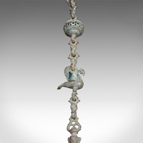 fig 2. A vertical Indian bronze hanging incense burner featuring figurative link sections, rounded censer chambers, and top and bottom suspension hooks.