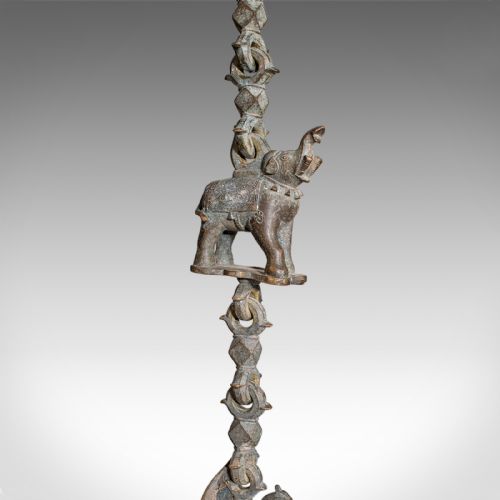 fig 3. A vertical Indian bronze hanging incense burner featuring figurative link sections, rounded censer chambers, and top and bottom suspension hooks.